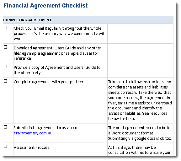 Financial Agreement Checklist